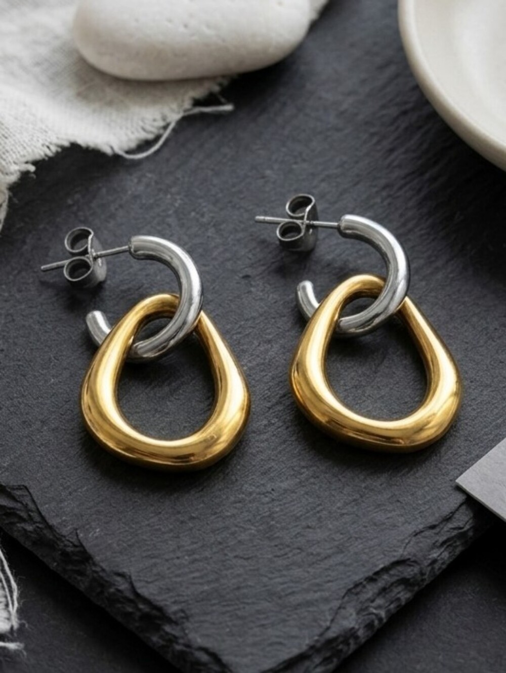 Two Tone Convertible Hoop Earrings 18K Gold Plated 316L SS 2in1 Old Money 1.1"